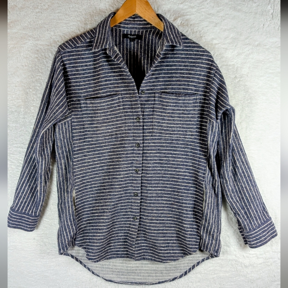 Madewell Navy and White Striped Button-Up Shirt